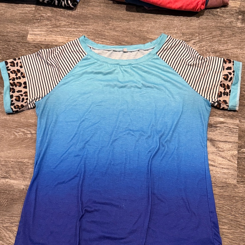 Amazon Blue Gradient Top with Patterned Sleeves